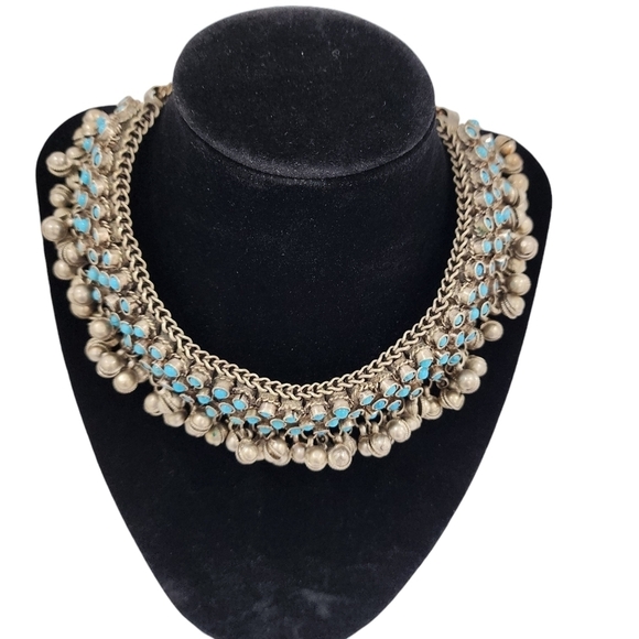 Rare Indian Antique Slivertone and Turquoise Necklace and Bracelet from 1950s - Picture 3 of 16